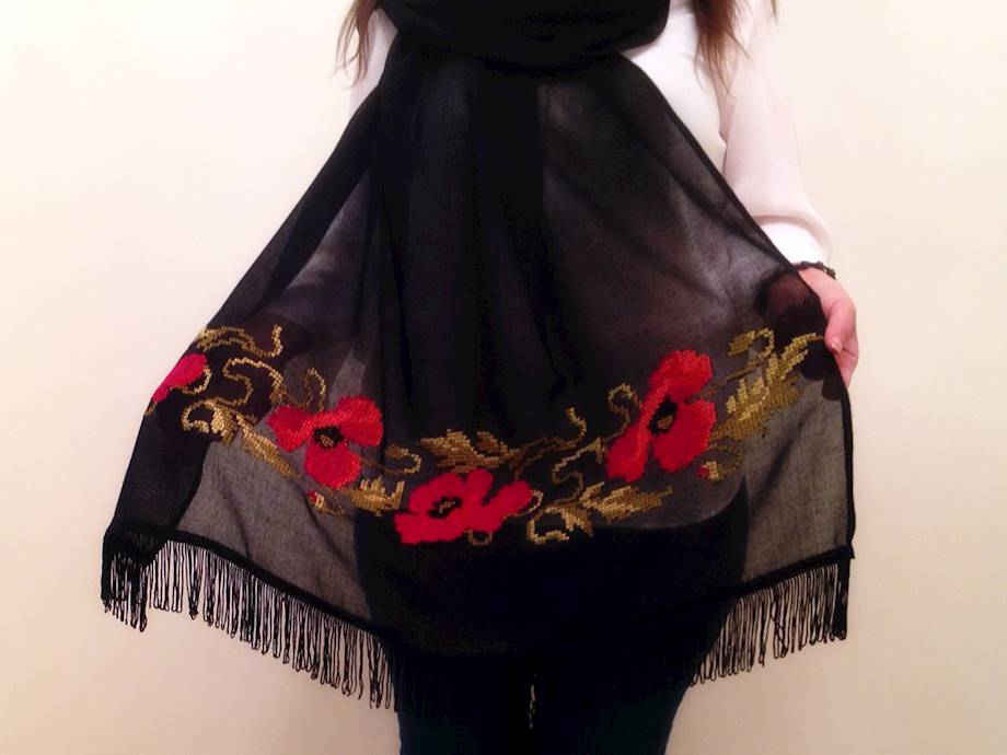 Shawl with red windflower embroidery